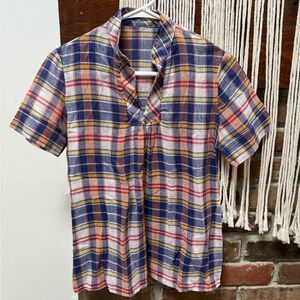 Vintage Plaid Short-Sleeve Blouse in Blue, Red, and Yellow